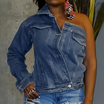 Oeak Sexy Single Shoulder Denim Jacket Women Autumn Ripped Oversized Outerwear Female Sexy Club Jeans Tops Jacket Plus Size 
Oeak Sexy Single Shoulder Denim Jacket Women Autumn Ripped Oversized Outerwear Female Sexy Club Jeans Tops Jacket Plus Size