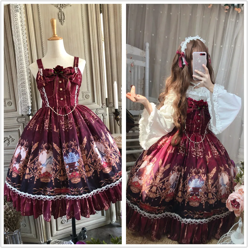 

Gothic vintage sweet lolita dress palace lace bowknot printing princess victorian dress kawaii girl gothic lolita jsk loli cos