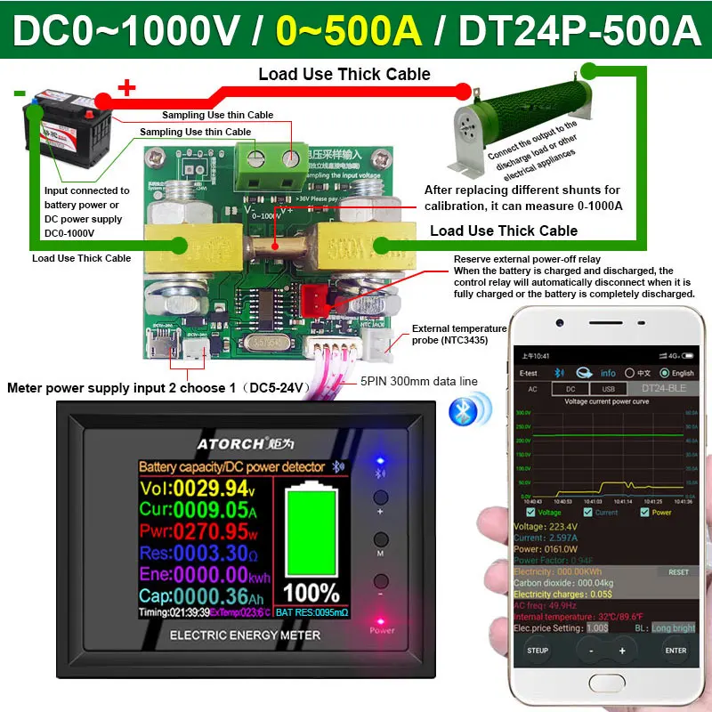 DT24P 1000V/500A IPS digital display DC Power Voltmeter Ammeter Battery Capacity Tester voltage Gauge detector Meter For App | Инструменты