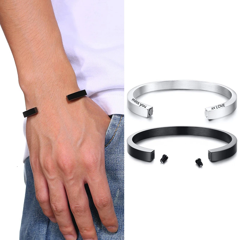 Engraved Cuff Bangle Urn Bracelet Silver Black Tone Stainless Steel Cremation Ashes Keepsake Openable Free Personalize | Украшения и