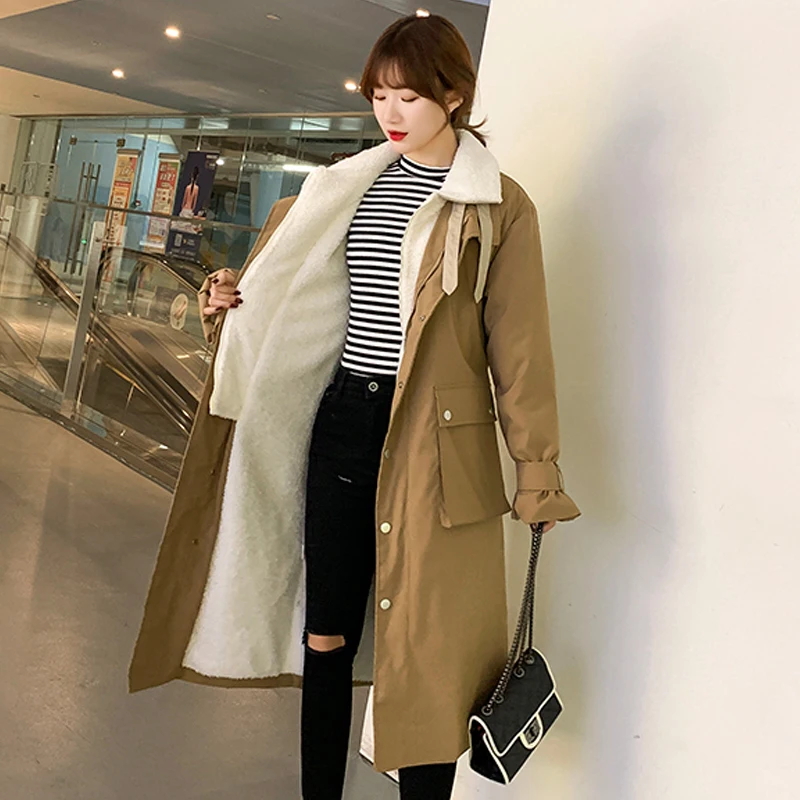 Female Cold Coat X-long Solid Wool Liner Women's Winter Jacket Stand Collar With Sashes Single Breasted Plus Size Casual Parkas | Женская