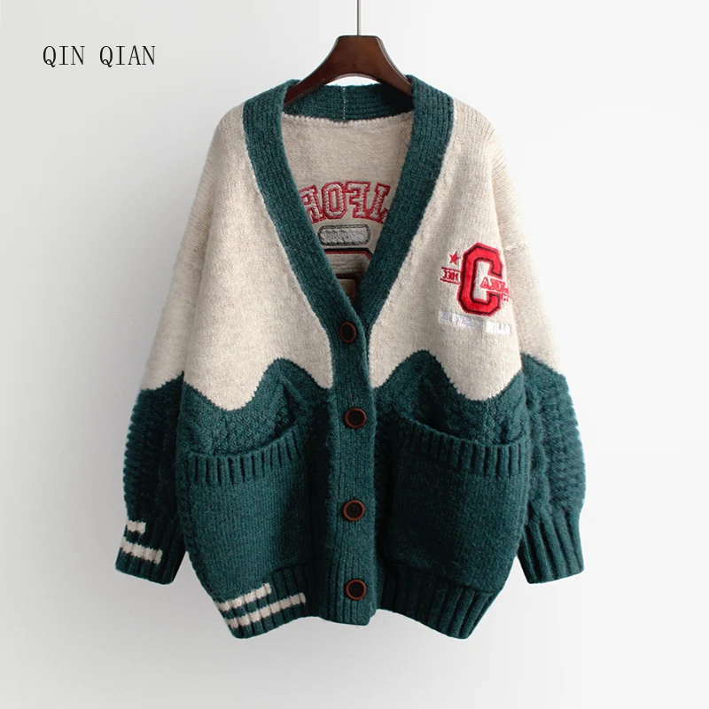 2020 Women Oversized Cardigans V neck Letters Embroidery Casual Patchwork Loose Jumpers Thick Warm Spring Knit Jacket Coat
2020 Women Oversized Cardigans V neck Letters Embroidery Casual Patchwork Loose Jumpers Thick Warm Spring Knit Jacket Coat