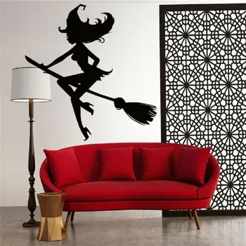 

Halloween Flying Witch Broom Bat Wall Sticker Kids Room Horror Decoration CA