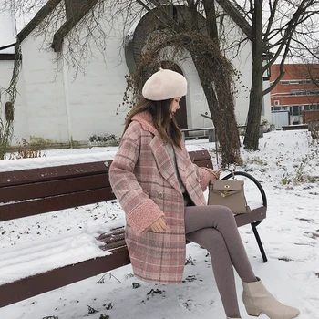 

MISHOW 2019 autumn winter plaid woolen coat new fashion causal women turndown collar long pink coat MX18D9678