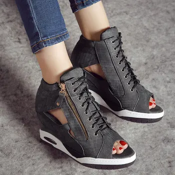 

HEE GRAND 2020 New Height-increasing Sandals Women Vintage Denim Creepers Woman Zip-up High Heels Ladies Summer Shoes XWZ6164