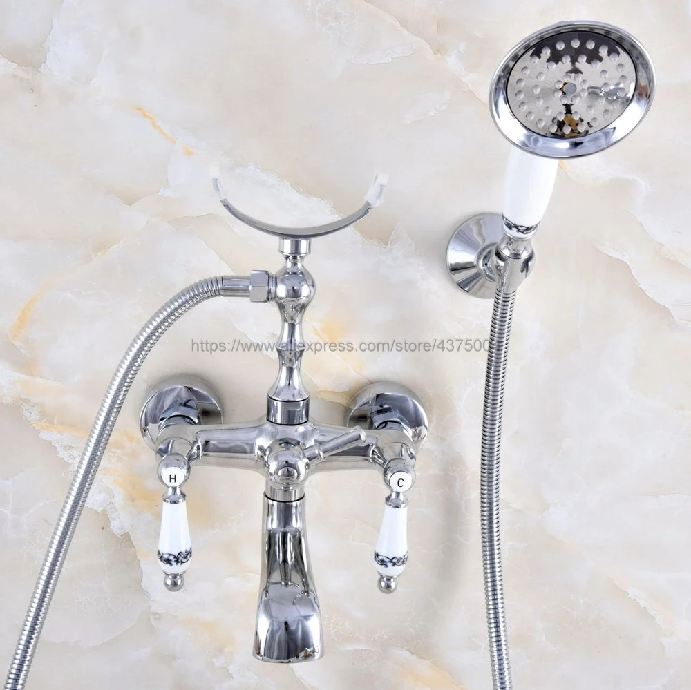 

Wall Mounted Polished Chrome Clawfoot Bathtub Faucet telephone style Bath Shower Water Mixer tap with Handshower Nna705