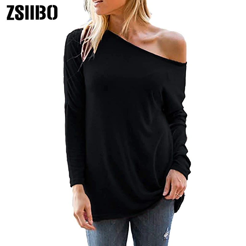 2019 ZSIIBO Auntum зимние женские повседневные топы с открытыми плечами Футболки длинным