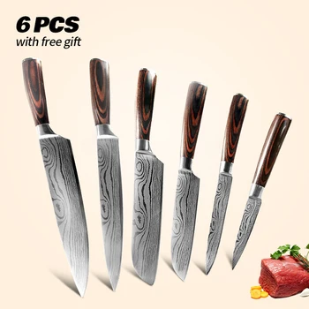 Knife Set Kitchen Damascus Laser Pattern 6PCs 440C Stainless Steel Japanese Chef Slicing Meat Cleaver Fish Utility Fruit Knives
Knife Set Kitchen Damascus Laser Pattern 6PCs 440C Stainless Steel Japanese Chef Slicing Meat Cleaver Fish Utility Fruit Knives