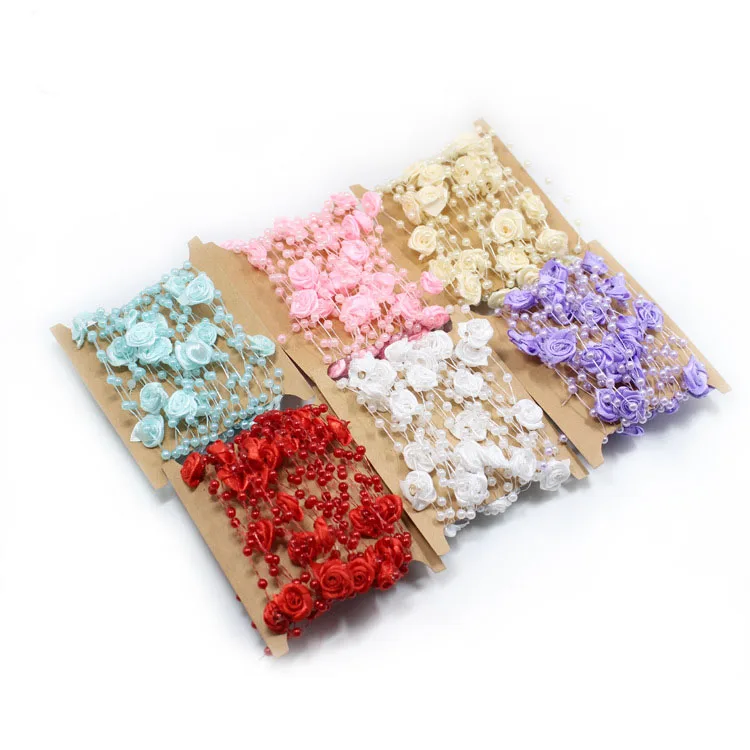 Chaîne de perles d'imitation de 5m, garniture de chaîne de fleur de Rose en tissu pour guirlande de bricolage, décoration de fête de mariage, accessoires artisanaux 4