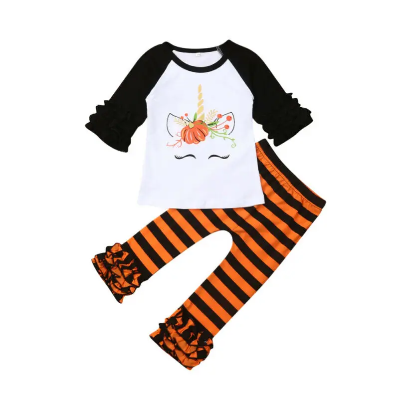 Halloween Kids Baby Girl Clothes Long Sleeve Unicorn Pumpkin Ruffle Tops+ Srtiped Long Pants 2pcs Outfits
Halloween Kids Baby Girl Clothes Long Sleeve Unicorn Pumpkin Ruffle Tops+ Srtiped Long Pants 2pcs Outfits