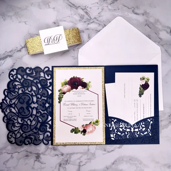 Navy Blue Sweetheart Laser Cut Wedding Invitation Kit with Tag and Gold Glitter Belt and RSVP Card Printable Invites for Quince 
Navy Blue Sweetheart Laser Cut Wedding Invitation Kit with Tag and Gold Glitter Belt and RSVP Card Printable Invites for Quince