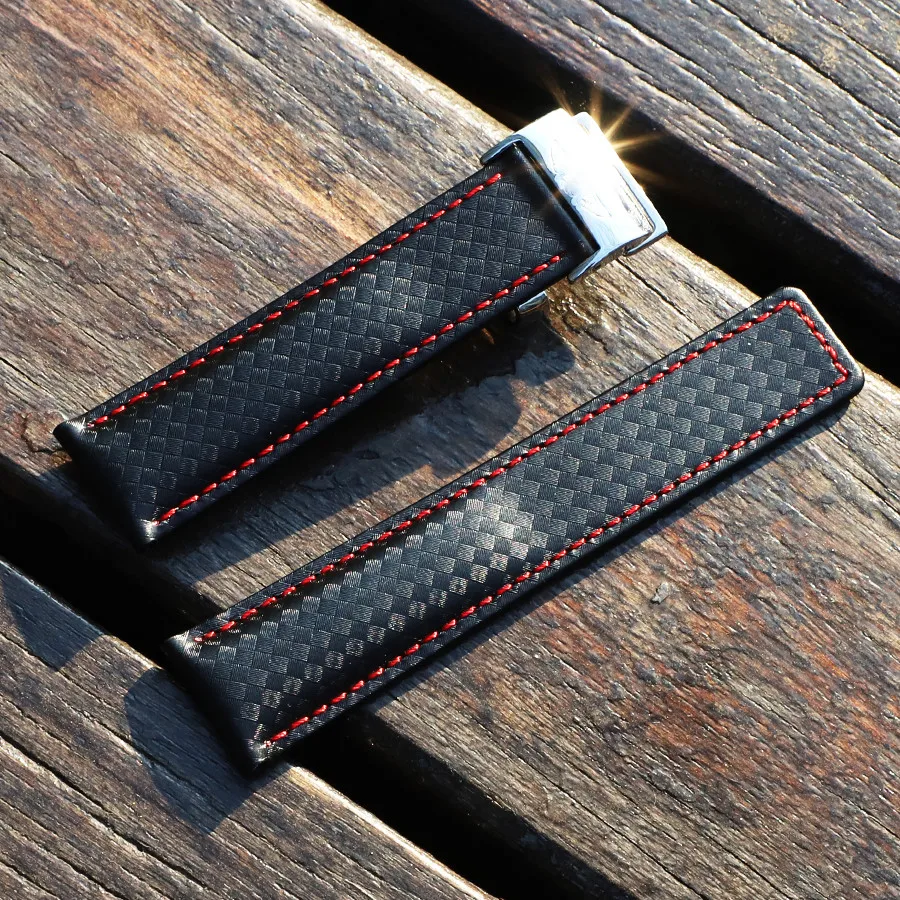 

22mm Genuine Leather Watchband Black Red Stitching Watchbands for Tag Heuer Victorinox Samsung Breitling Seiko Strap Watch Band