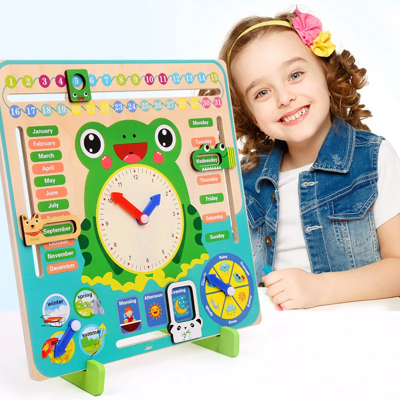 

Wooden Frog Clock Baby Education Gift Weather Season Calendar Baby Early Education Cognitive Matching Toys Kids Educational Toy