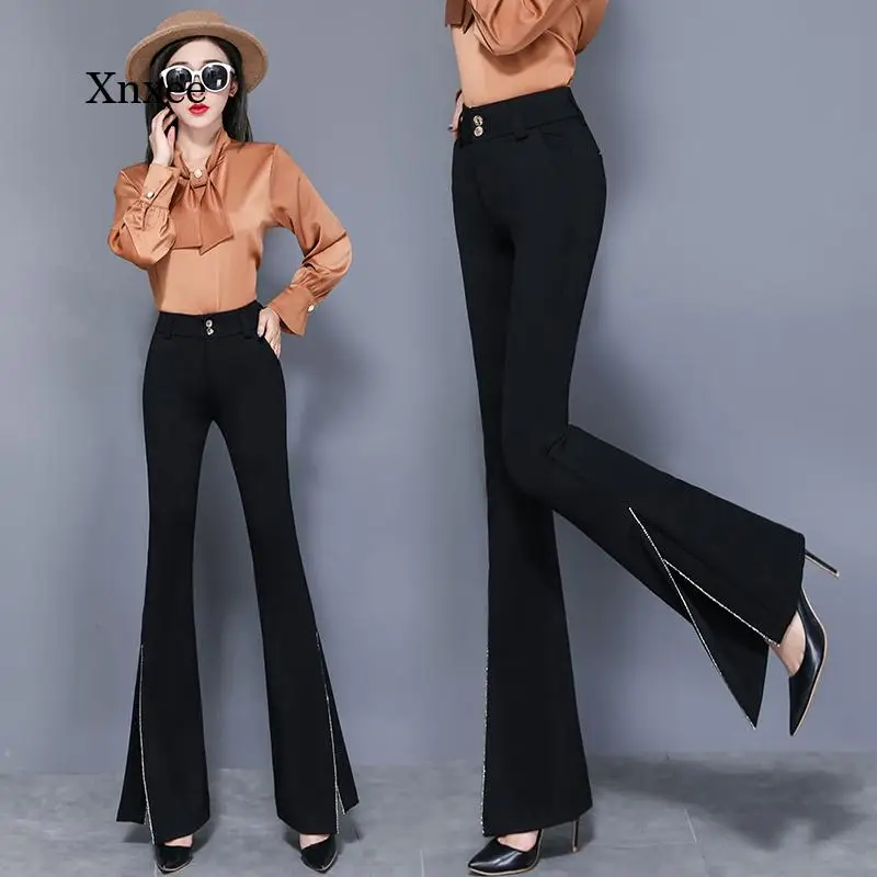 Flare Lady Trousers Elegant Women Slim Pants High Quality Elastic Korean Black Split Spring Fashion High Waist Button Full Pants
Flare Lady Trousers Elegant Women Slim Pants High Quality Elastic Korean Black Split Spring Fashion High Waist Button Full Pants
