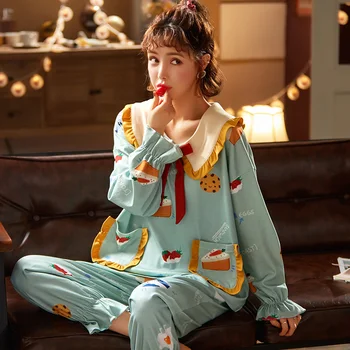 Pajama Sets Women Pure Cotton Home Clothes Lovely Sytle Long Sleeve Top And Trousers 2pcs/set Pijama Mujer Student Pyjamas 
Pajama Sets Women Pure Cotton Home Clothes Lovely Sytle Long Sleeve Top And Trousers 2pcs/set Pijama Mujer Student Pyjamas