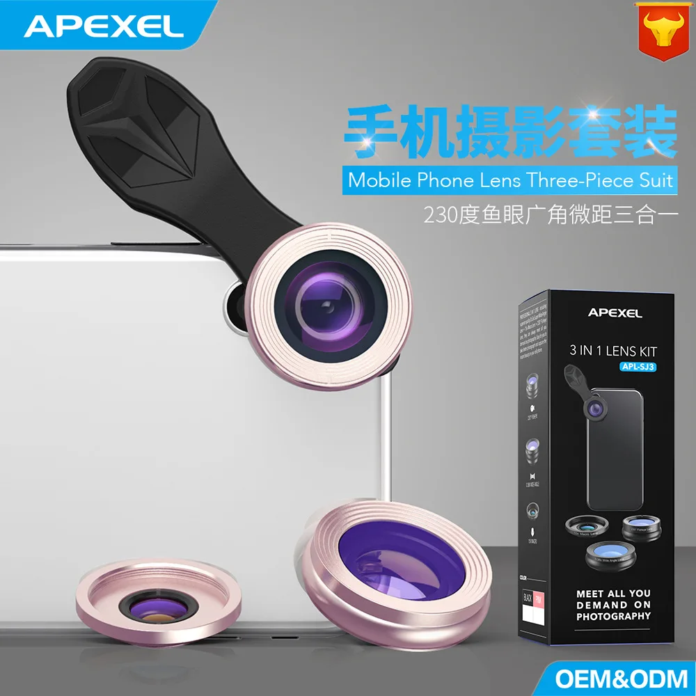 Cross Border Hot Selling APEXEL230 Degree Fisheye Wide-angle Macro Three-in-One Set Universal Extraposition Mobile Phone Lens
Cross Border Hot Selling APEXEL230 Degree Fisheye Wide-angle Macro Three-in-One Set Universal Extraposition Mobile Phone Lens