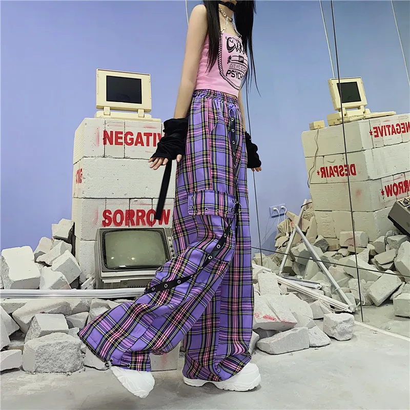 Women Streetwear Style With Pocket Chain Cargo Pants Purple Plaid JKP4785 Women Streetwear Style With Pocket Chain Cargo Pants Purple Plaid JKP4785