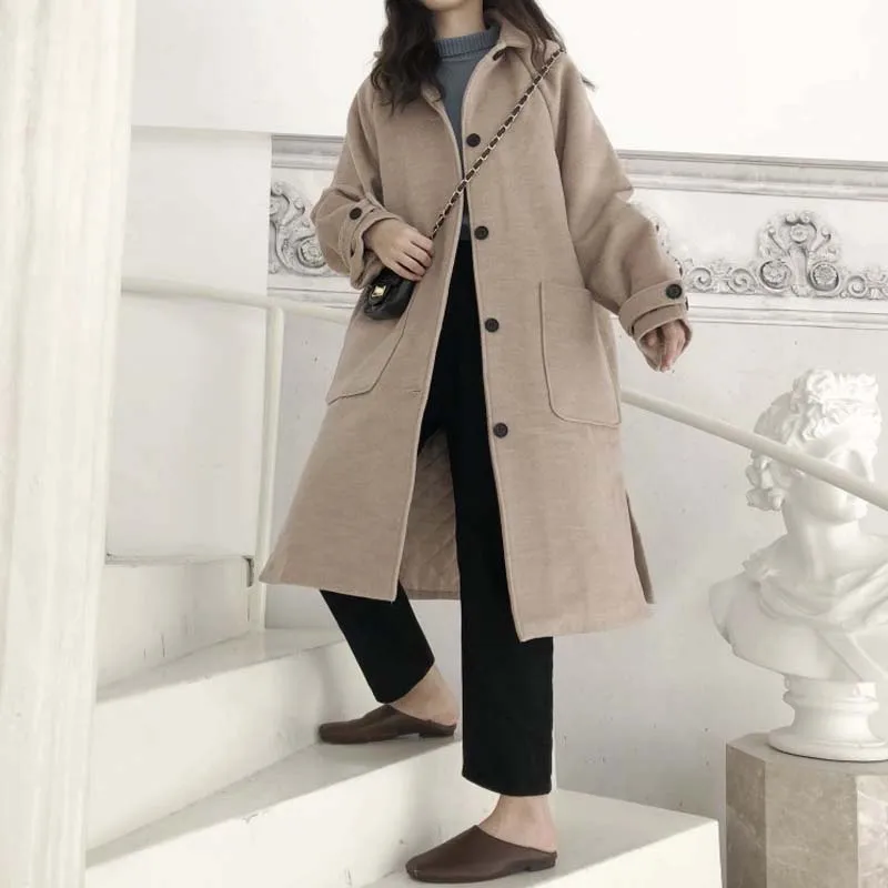 Autumn Solid Long Woolen Coat Single Breasted Turn Down Collar Women Woolen Overcoat Elegant Loose Outerwear Casaco Feminino
Autumn Solid Long Woolen Coat Single Breasted Turn Down Collar Women Woolen Overcoat Elegant Loose Outerwear Casaco Feminino