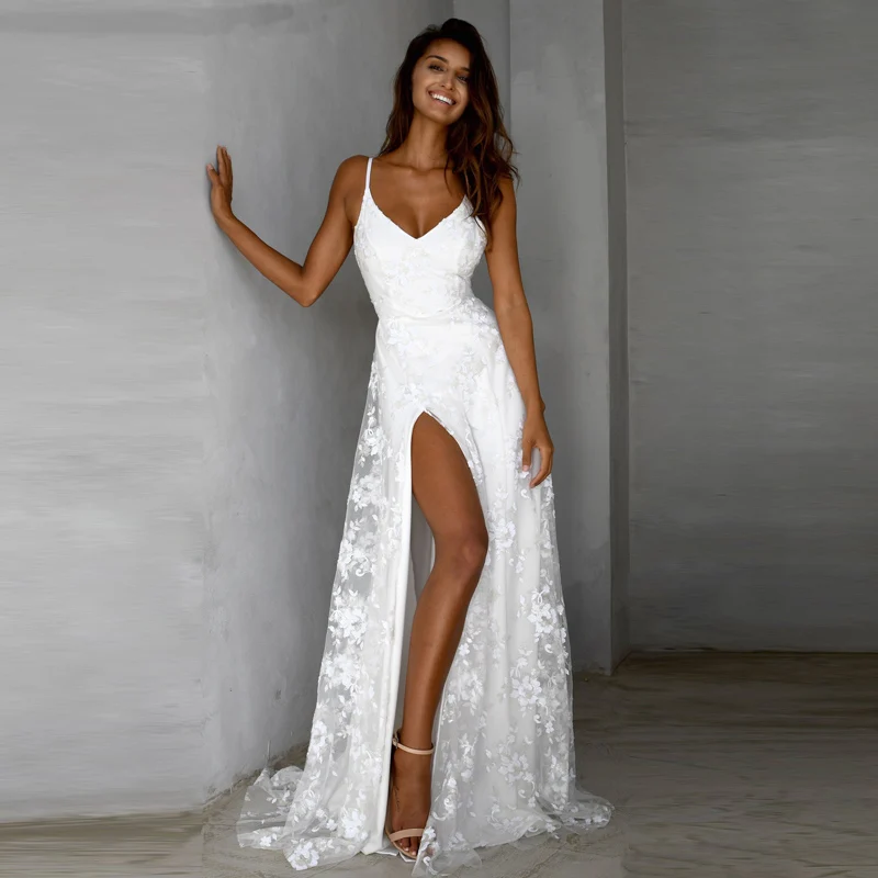 robe de soiree Women Slim Fit V collar evening dress sexy White Elegant formal dresses lace Open fork evening gown 
robe de soiree Women Slim Fit V collar evening dress sexy White Elegant formal dresses lace Open fork evening gown