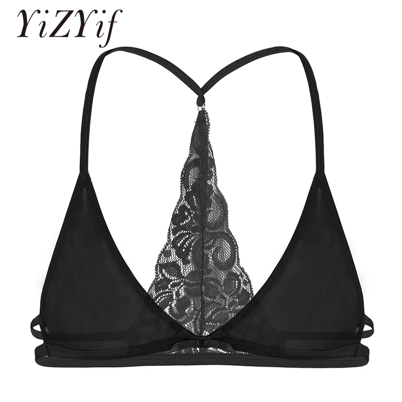 

Mens Sissy Lingerie Lace Bra Tops Exotic Mesh See Through Sheer Lace Y-shape Back Wire-free Unlined Triangle Bralette Bra Top