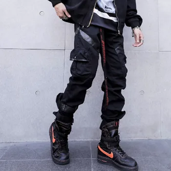 

Homens de alta rua moda couro bolso splice casual carga calça masculina hip hop harem calças longas