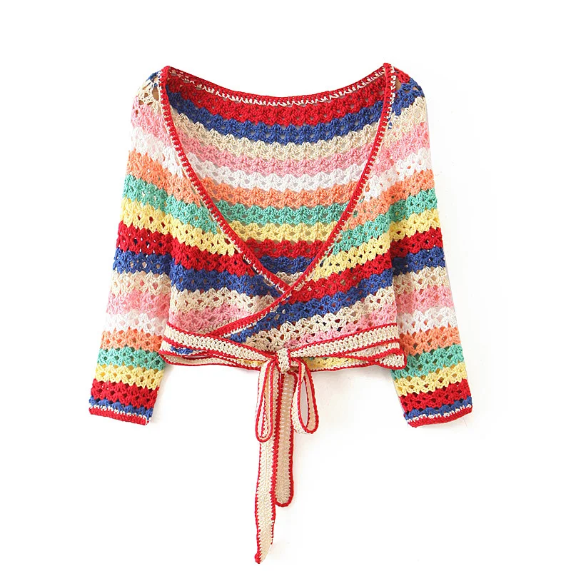 2020 BOHO Lacing up Colored Striped Hand crochet Cardigan Sweater Women Bandage Mini Short Shorts Half Sleeve Tops 2 Pieces Set