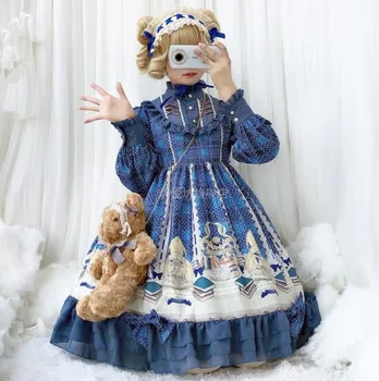 

Sweet Lolita Palace Princess Lolita Dress Long Sleeve Stand Collar Printing Victorian Dress Op Loli Lol Ruffle Dresses Headband