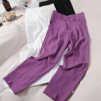 solid high waist pocket women pants summer new wide leg ankle length office lady elegant purple pants top quality 
solid high waist pocket women pants summer new wide leg ankle length office lady elegant purple pants top quality