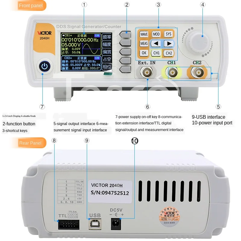 VC2040H dual channel function arbitrary waveform signal generator frequency sweep frequency measurement signal frequency
VC2040H dual channel function arbitrary waveform signal generator frequency sweep frequency measurement signal frequency