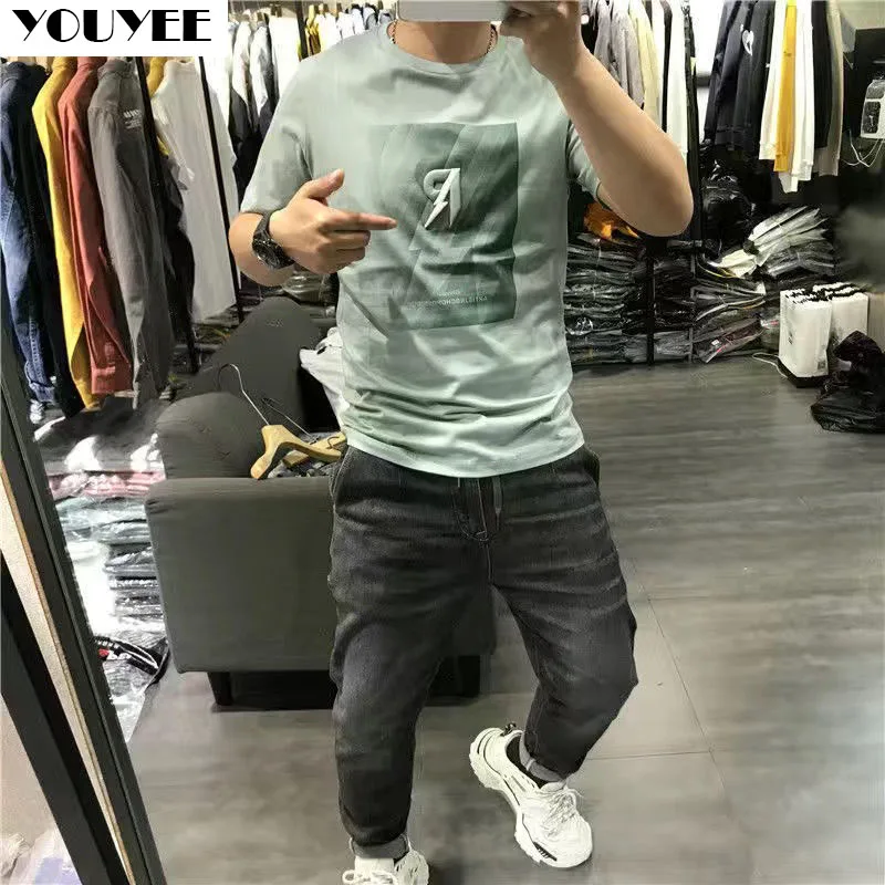 

Male T-shirt Stretch Slim Embroidery Letters All-match Simple 2021 Summer New Fashion Trend Tee Mercerized Cotton Men's Clothing
