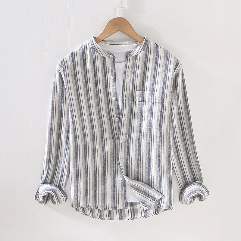 

Suehaiwe's Brand Italy Casual Linen Shirts Men Fashion Long-sleeved Stand Collar Stripe Tops Chemise Camisa Masculina