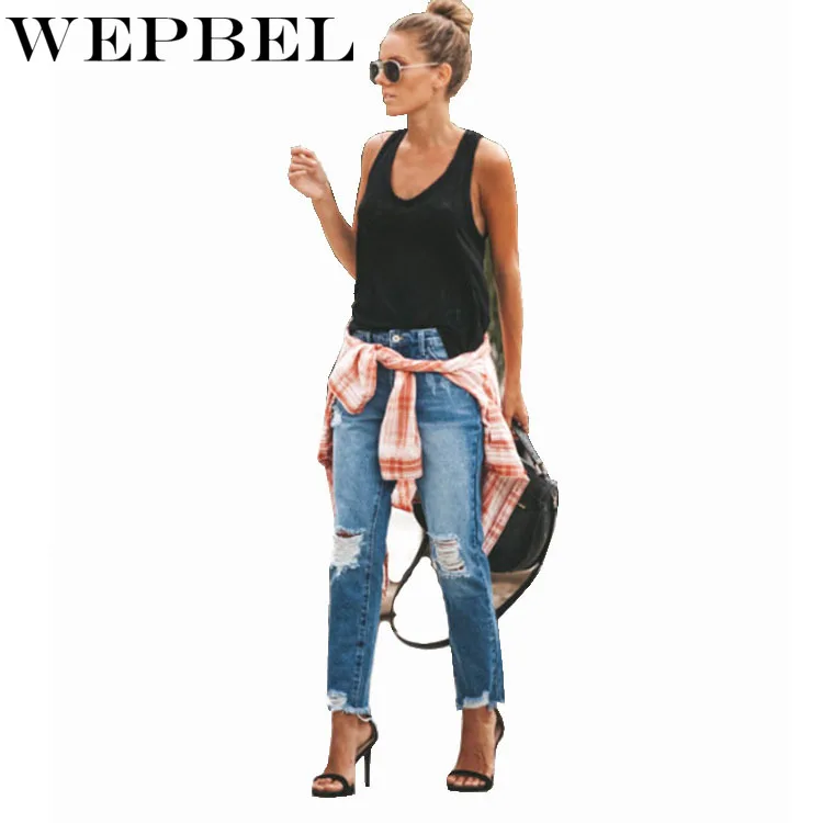 WEPBEL Jeans Spring Autumn Ripped Button Pocket Denim Ankle-Length Pants Women's Mid-Waist Hole Bleached Washed Straight Jeans
WEPBEL Jeans Spring Autumn Ripped Button Pocket Denim Ankle-Length Pants Women's Mid-Waist Hole Bleached Washed Straight Jeans