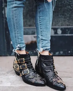 2019 Rivets Real Leather Women Booties Buckle Straps Thick Heel Black Ankle Women Boots Studded Decorated Woman Boots Motorcycle 
2019 Rivets Real Leather Women Booties Buckle Straps Thick Heel Black Ankle Women Boots Studded Decorated Woman Boots Motorcycle