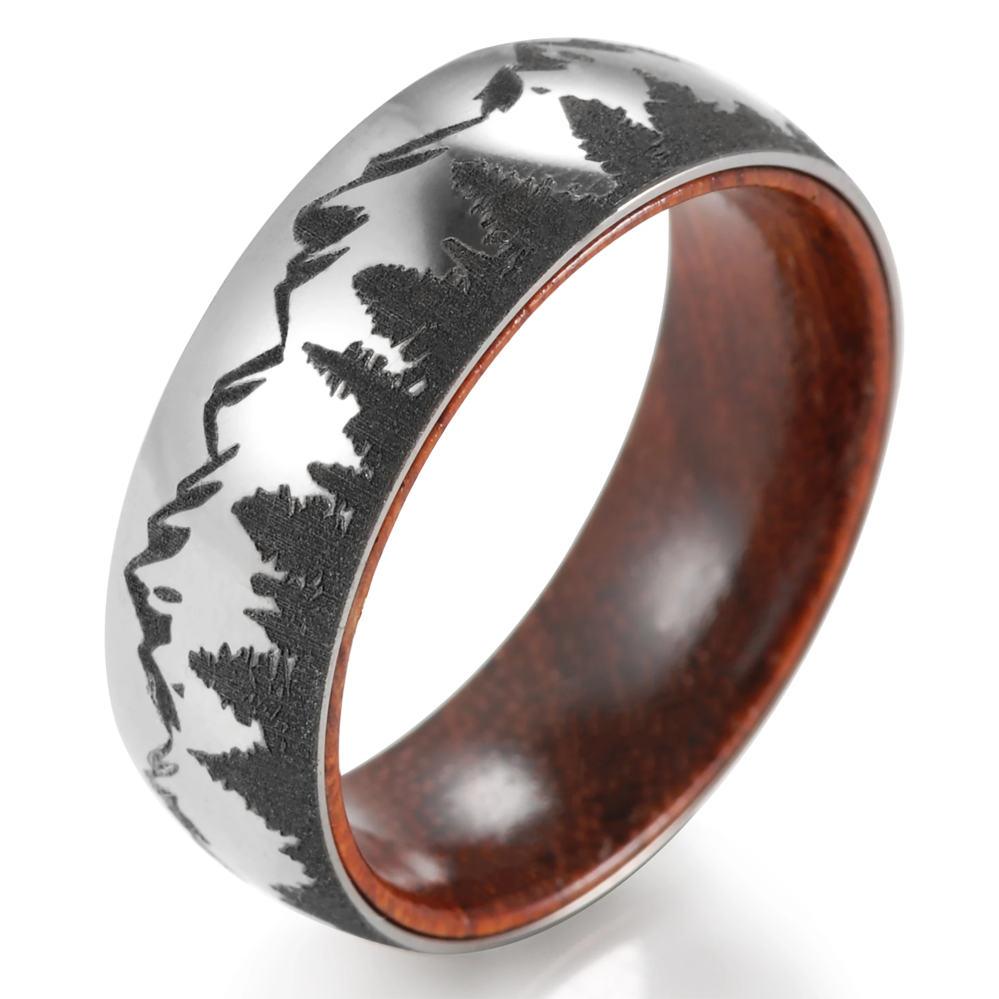 Кольцо мужское обручальное из чистого титана, 8 мм, с изображением леса и гор, с куполом из дерева
Кольцо мужское обручальное из чистого титана, 8 мм, с изображением леса и гор, с куполом из дерева