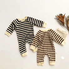 

OPPERIAYA Autumn Spring Cotton Unisex Newborn Romper Striped Print Ribbed Round Neck Elastic Snap Button Crotch Jumpsuit