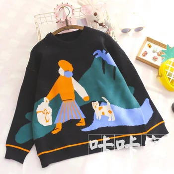 Autumn Winter Soft sister Young girl Sweater College Style Girls And Cat Jacquard Round collar Pullover Knitting Pullover Female
Autumn Winter Soft sister Young girl Sweater College Style Girls And Cat Jacquard Round collar Pullover Knitting Pullover Female