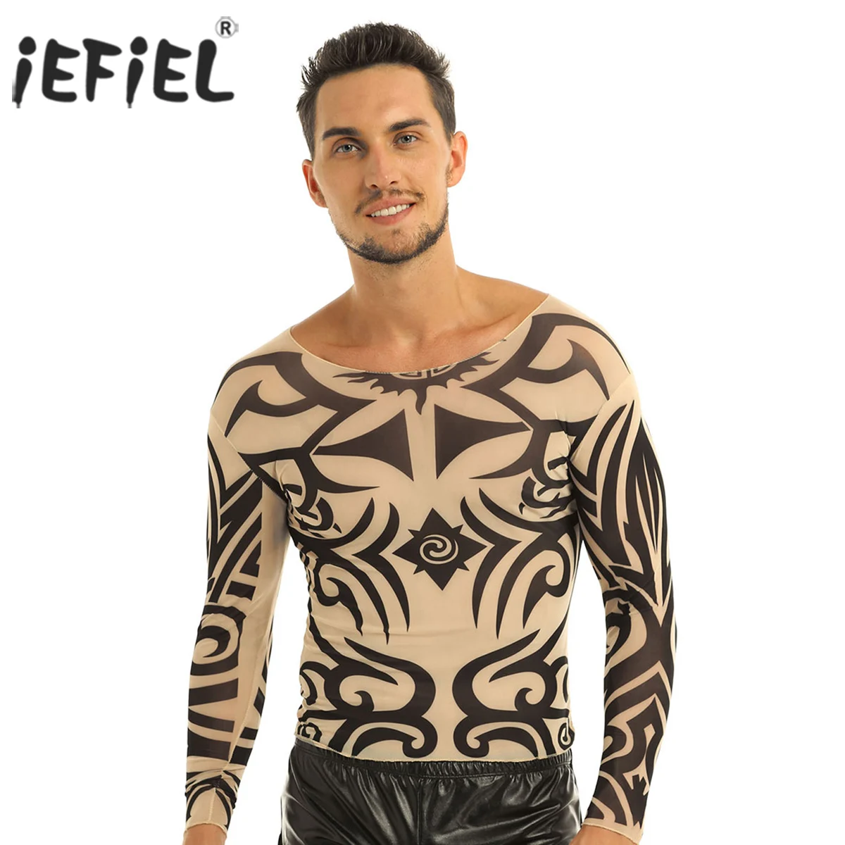 

iEFiEL Autumn Men Tops Fake Tattoo Elastic See Through Full Long Sleeve Bodybuilding T-Shirt for Mens Halloween Wetlook Clothes