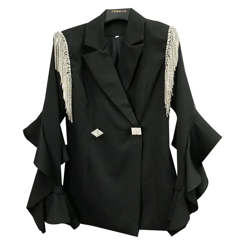 Spring Women Jacket Ruffle Sleeve Beading Blazer Loose Female Ladies Office Coat Fringe Rhinestone Suits Outwear Ropa De Mujer
Spring Women Jacket Ruffle Sleeve Beading Blazer Loose Female Ladies Office Coat Fringe Rhinestone Suits Outwear Ropa De Mujer
