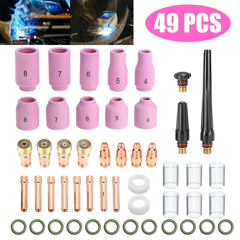 49pcs TIG Welding Torch Stubby Soldering Iron Gas Lens for WP-17 18 26 TIG Collet Bodies Spares Kit Pyrex Glass Cup Accessories
49pcs TIG Welding Torch Stubby Soldering Iron Gas Lens for WP-17 18 26 TIG Collet Bodies Spares Kit Pyrex Glass Cup Accessories