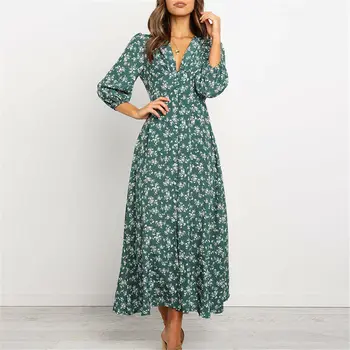 Autumn Spring New Casual Women Pleated 3/4Long Sleeve Vintage V Neck Split Side Floral Boho Lady Long Maxi Dress
Autumn Spring New Casual Women Pleated 3/4Long Sleeve Vintage V Neck Split Side Floral Boho Lady Long Maxi Dress