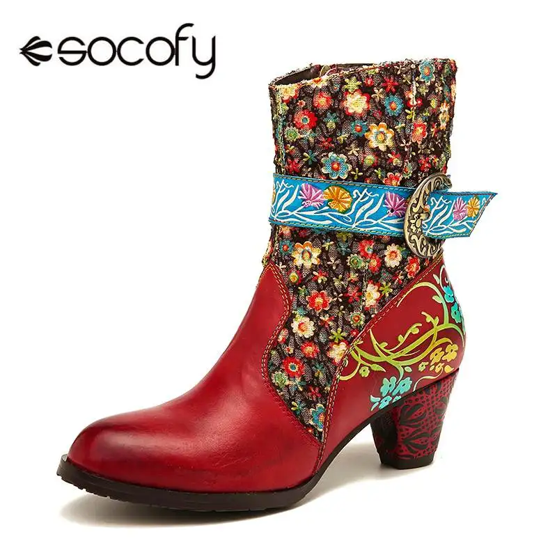 

SOCOFY Retro Flower Boots Pattern Stitching Genuine Leather Metal Buckle Zipper High Heel Mid Calf Boots Ladies Shoes Women 2020