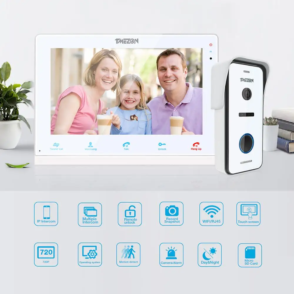TMEZON 10 дюймовый беспроводной умный IP видеозвонок с Wi Fi домашняя система