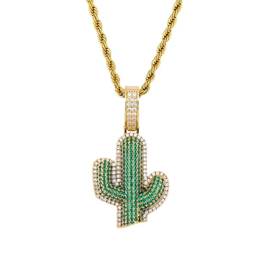 

Cactus Pendant & Necklace 18k Gold Plated Lab Diamond Iced Out Chain Bling Fashion Hip Hop Jewelry