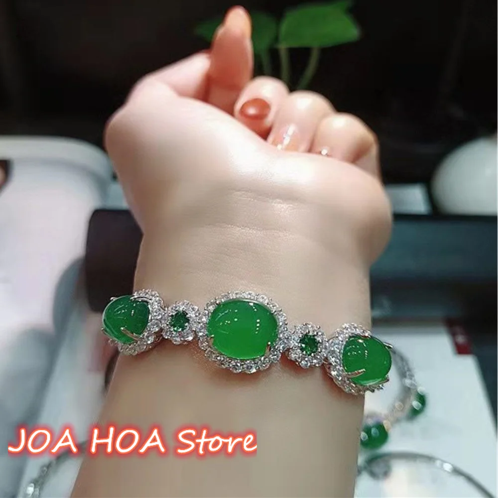 

Natural Emperor Green High Ice Chalcedony Bracelet 925 Silver Inlaid with Jade Jadeite Female Bangle Fine Handring Jewelry