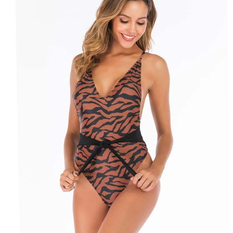 Swimsuit Bandage Deep V Neck Sexy High Cut Women One Piece Thong 2020 Leopard Halter Swimwear Bathing Suit Beachwear | Спорт и
