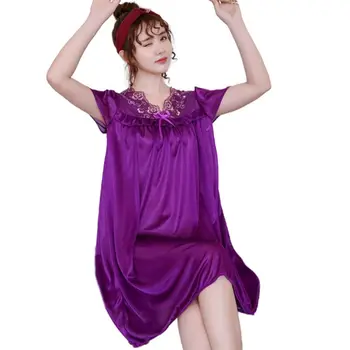 Women Ice Silk Midi Nightdress Short Sleeve V-Neck Embroidery Floral Nightgown 
Women Ice Silk Midi Nightdress Short Sleeve V-Neck Embroidery Floral Nightgown