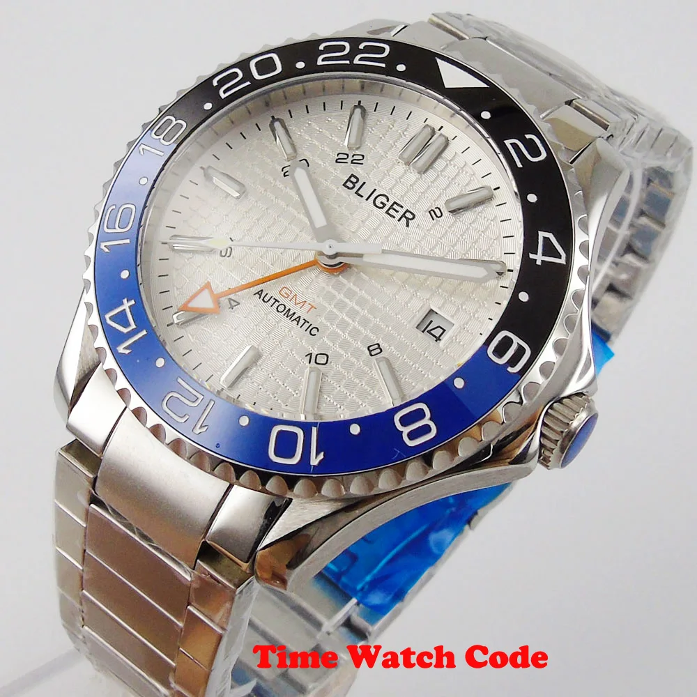 

41mm BLIGER Silver Dial Automatic Mechanical Men's Wristwatch Sapphire Glass Date orange GMT Ceramic bezel Luminous hands marks