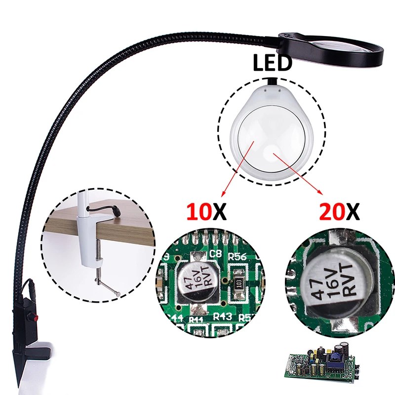 10x 20x Optical Glass Lens LED Illuminating Magnifier Desk Clip-on Magnifying Glass Lamp for PCB Inspection, Beauty, Dentistry
10x 20x Optical Glass Lens LED Illuminating Magnifier Desk Clip-on Magnifying Glass Lamp for PCB Inspection, Beauty, Dentistry