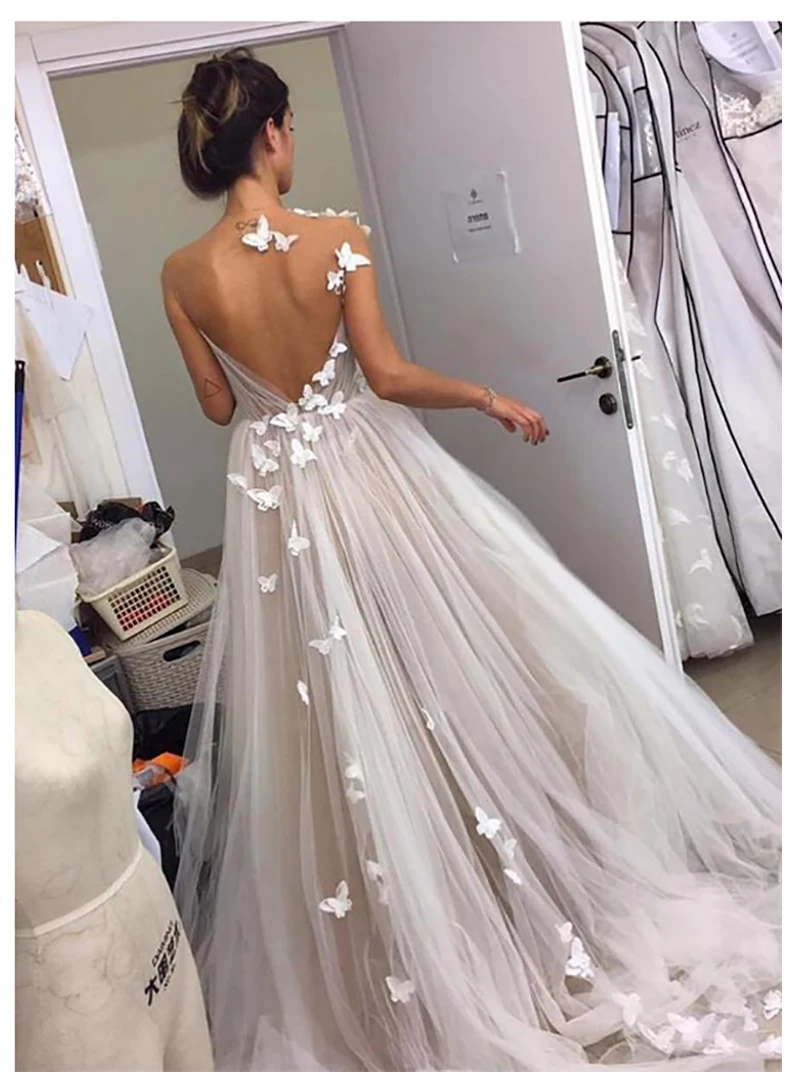 

Elegant Wedding Dresses Jewel Collar Butterfly Appliques Wedding Gowns Illusion Tulle Backless A Line Sweep Train Bride Gowns