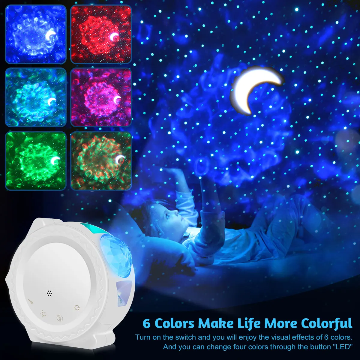 LED Starry Sky Projector Night Light 360 Degree Rotation Night Light 6 Color Ocean Waving Light For Home Or Festival Party Decor
LED Starry Sky Projector Night Light 360 Degree Rotation Night Light 6 Color Ocean Waving Light For Home Or Festival Party Decor